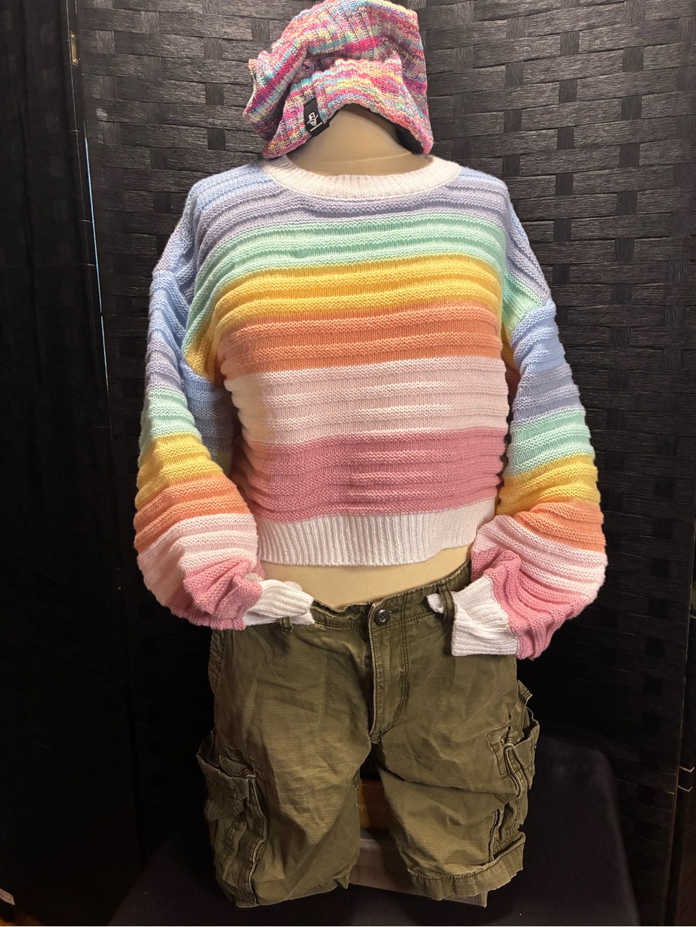 SHEIN Pastel Pink Rainbow Stripe Knit Sweater
